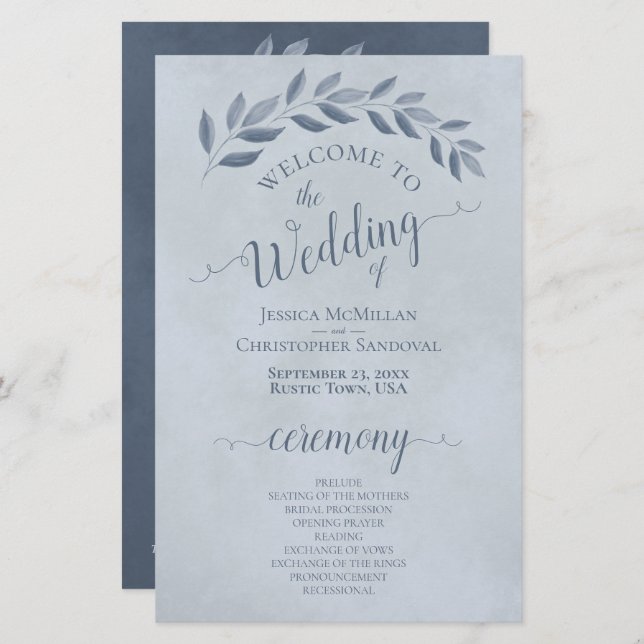 Dusty Blue Leaves Elegant Budget Wedding Program (Front/Back)