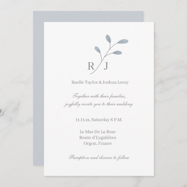 Dusty Blue Leaves Monogram Botanical Wedding Invitation (Front/Back)