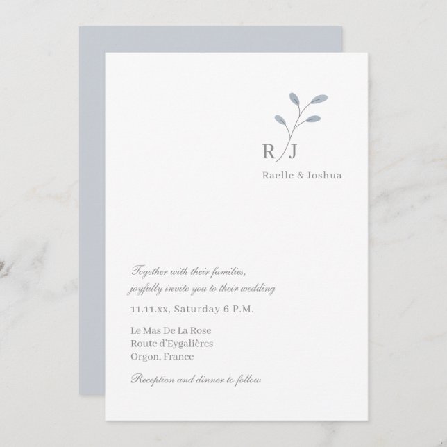 Dusty Blue Leaves Monogram Minimalist Chic Wedding Invitation (Front/Back)