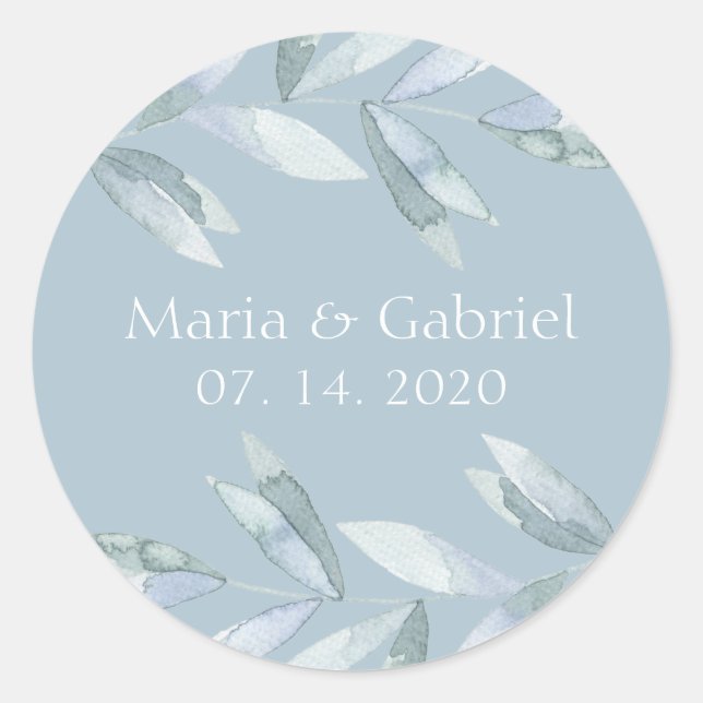 Dusty blue leaves Personalised wedding Classic Round Sticker (Front)