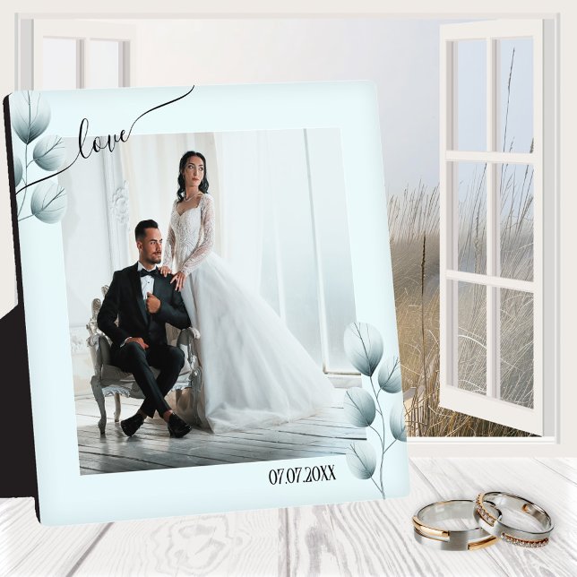 Dusty Blue Leaves Photo Plaque with Easel (Elegant dusty blue photo frame plaque with easel featuring your wedding photo with stylized leaves)