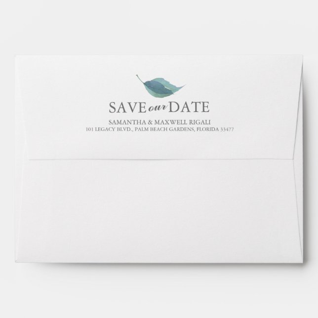 Dusty Blue Leaves Save The Date Envelopes (Back (Top Flap))