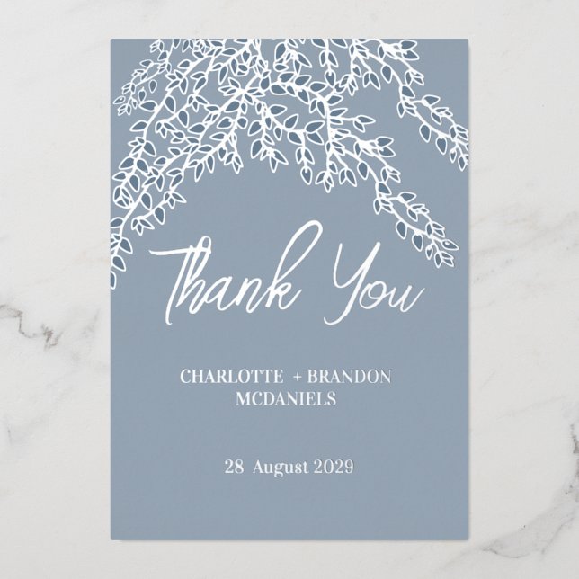  Dusty Blue Leaves Wedding Thank You Silver  (Front)