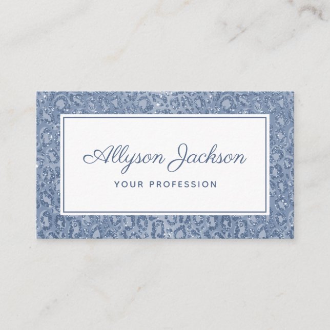 Dusty Blue Leopard Glitter Business Card (Front)