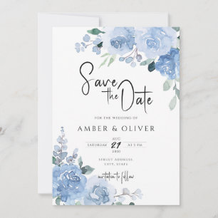 Dusty Blue Light Blue Floral Leaves Save The Date Invitation
