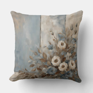 Dusty Blue Light Brown Modern Farmhouse Floral Cushion