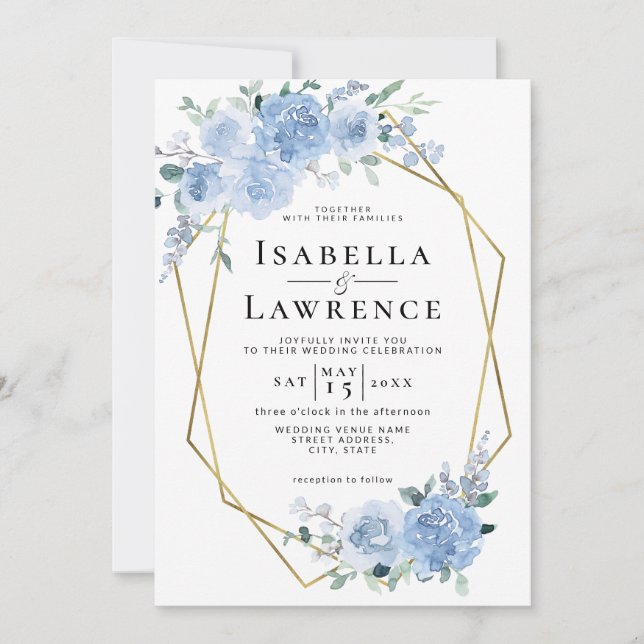 Dusty Blue Light Floral Gold Geometric Wedding Invitation (Front)