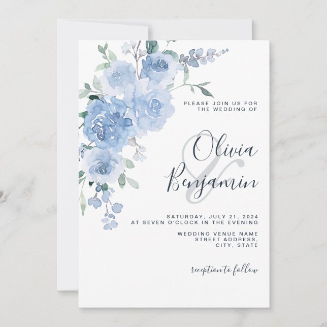 Dusty Blue Light Pastel Botanical Floral Wedding Invitation (Front)