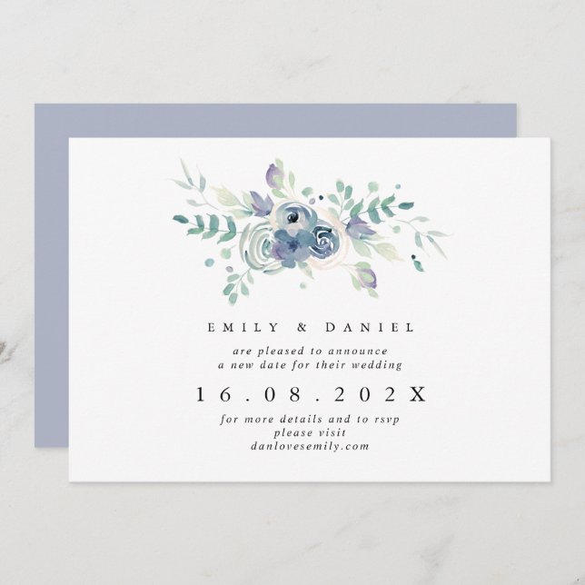 Dusty Blue & Lilac Floral New Wedding Date Invitation (Front/Back)
