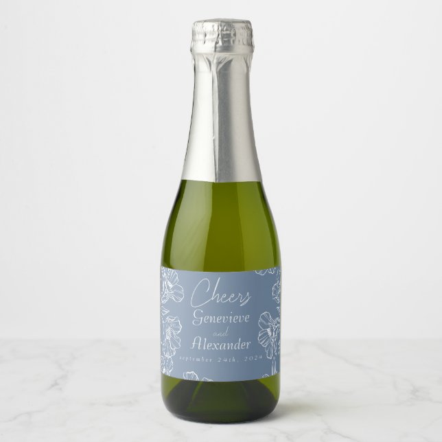 Dusty Blue Lily Mini Champagne Bottle Label Decals (Front)