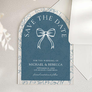 Dusty Blue Line Art Bow Wedding Save the Date Acrylic Invitations