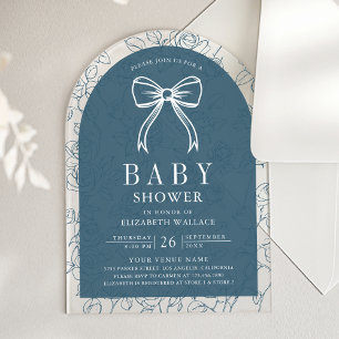 Dusty Blue Line Art Coquette Bow Baby Shower Acrylic Invitations