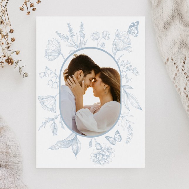 Dusty Blue Line Art Floral Butterfly Photo Thank You Card (Creator Uploaded)