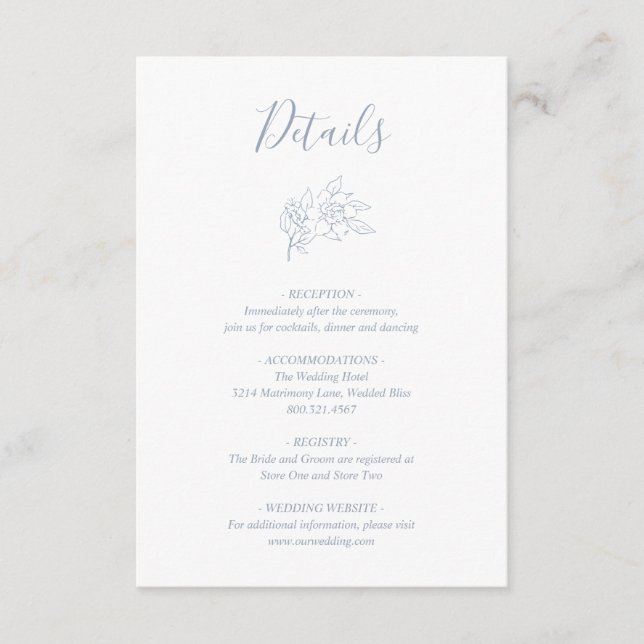 Dusty Blue Line Art Floral Elegant Wedding Enclosure Card (Front)