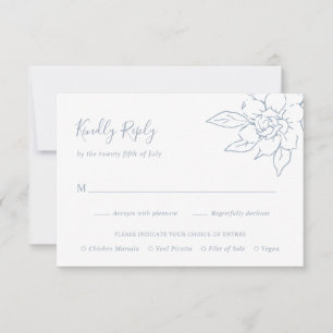 Dusty Blue Line Art Floral Elegant Wedding RSVP Card