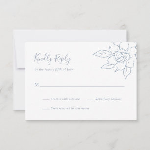 Dusty Blue Line Art Floral Elegant Wedding RSVP Card