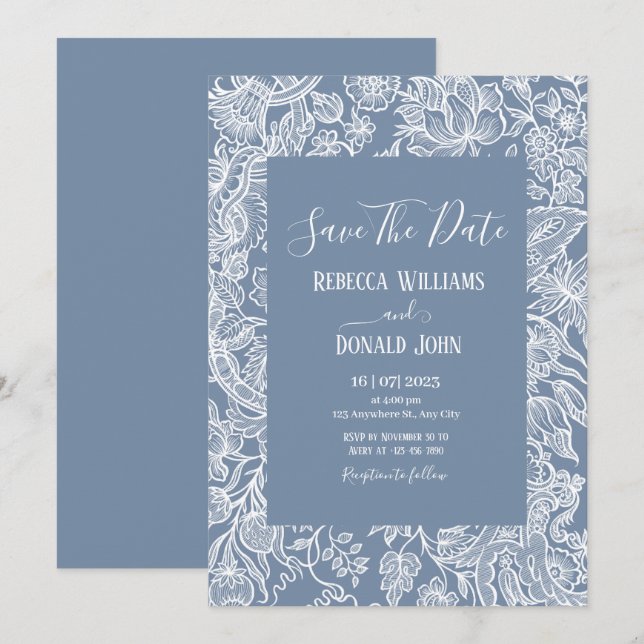 Dusty Blue Line Art Wildflowers Floral chinoiserie Invitation (Front/Back)