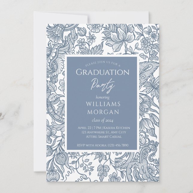 Dusty Blue Line Art Wildflowers Floral Invitation (Front)