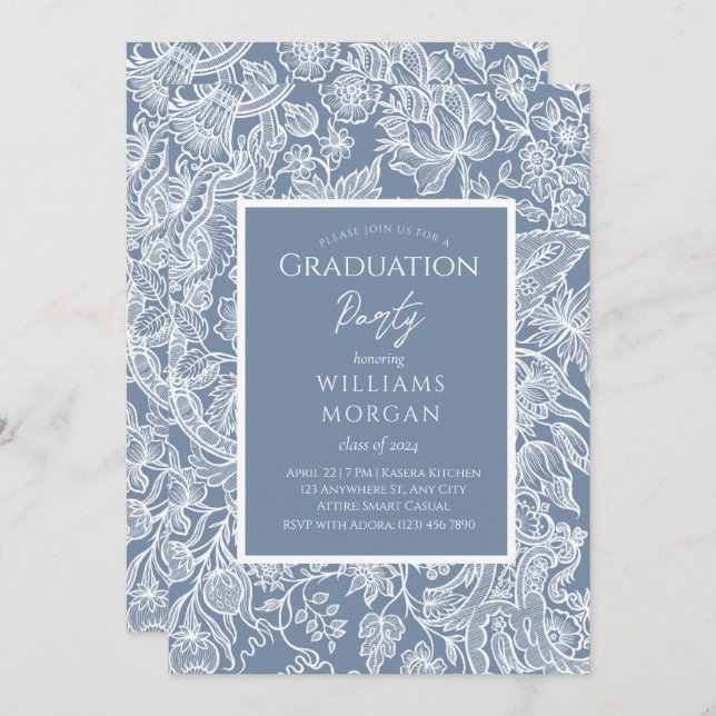Dusty Blue Line Art Wildflowers Floral Invitation (Front/Back)