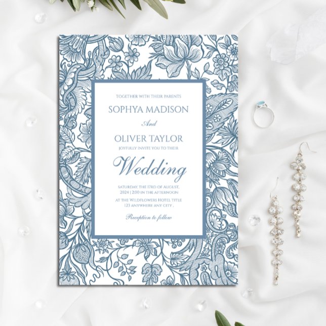 Dusty Blue Line Art Wildflowers Floral  Invitation (Creator Uploaded)