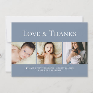 Dusty blue Love and Thanks Baby Photos Birth Thank You Card