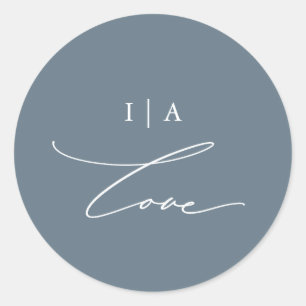 Dusty Blue Love Calligraphy with Monogram Wedding Classic Round Sticker