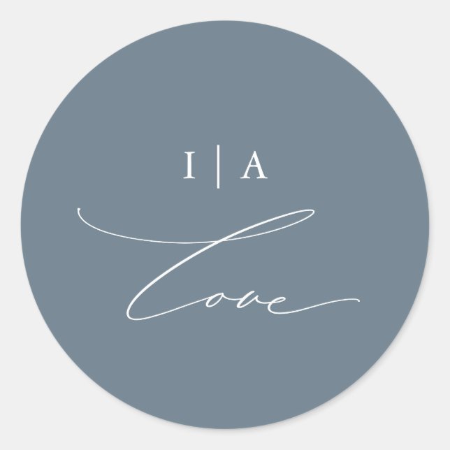 Dusty Blue Love Calligraphy with Monogram Wedding Classic Round Sticker (Front)