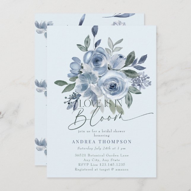 Dusty Blue Love in Bloom Bridal Shower Invitations (Front/Back)