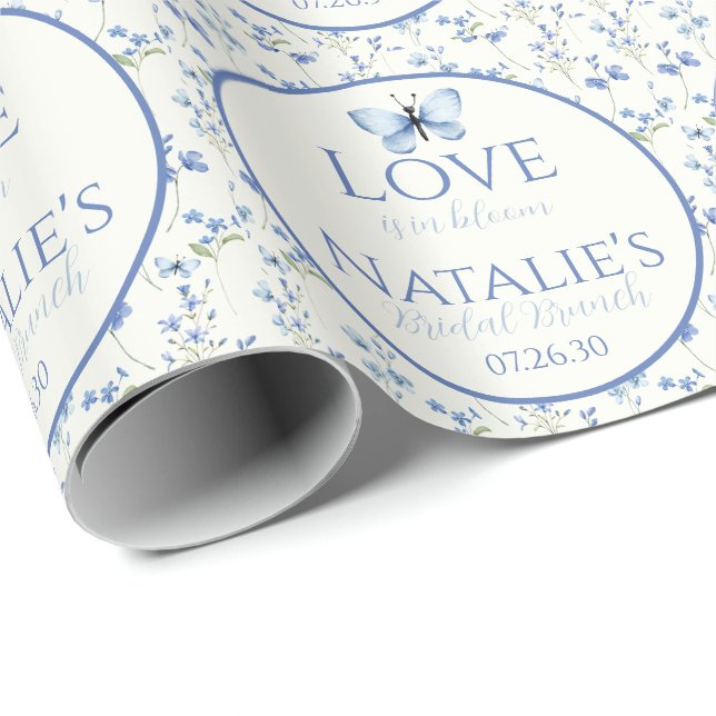 Dusty Blue Love Is In Bloom Floral Bridal Shower Wrapping Paper (Roll Corner)