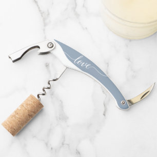 Dusty blue Love script Wedding thank you favour Corkscrew