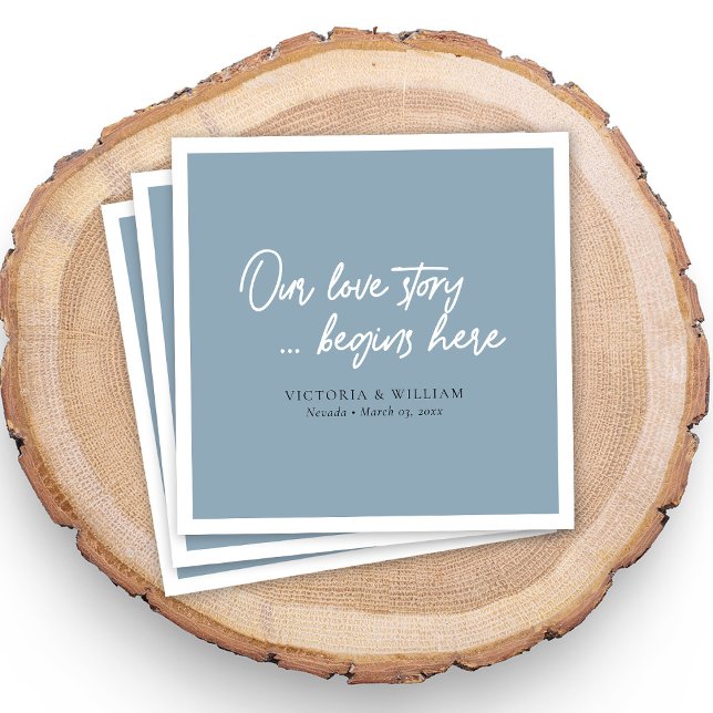 Dusty Blue Love Story: Elegant Script Wedding Napkin (Dusty Blue Love Story: Elegant Script Wedding Napkins)