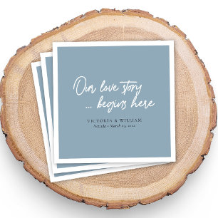 Dusty Blue Love Story: Elegant Script Wedding Napkin