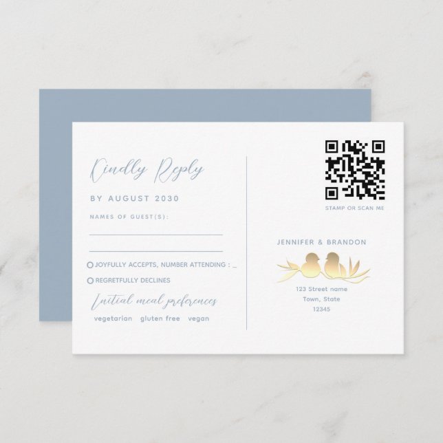 Dusty Blue Lovebirds QR RSVP Card (Front/Back)