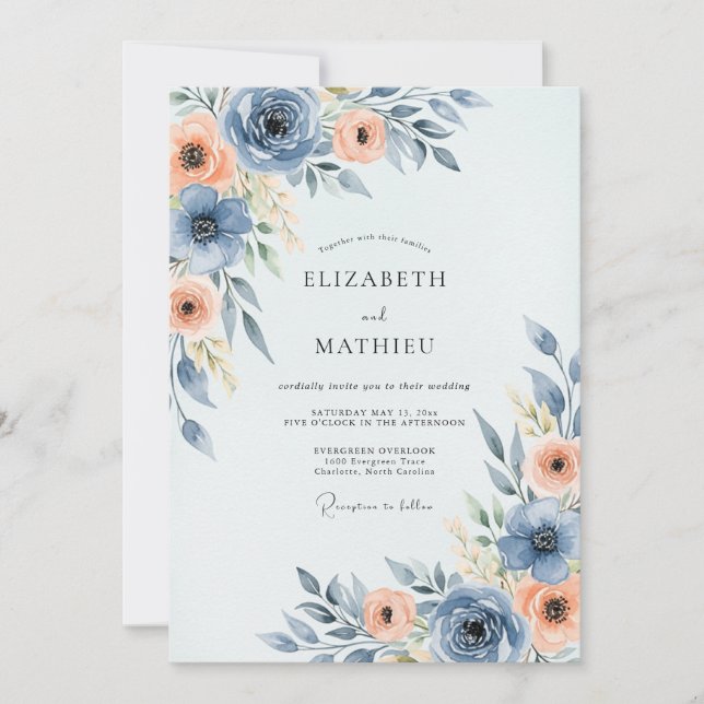 Dusty Blue Lush Botanical Wedding Invitation (Front)