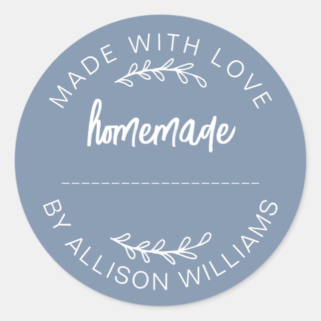 Dusty Blue Made With Love Homemade Food Jar  Classic Round Sticker (Front)