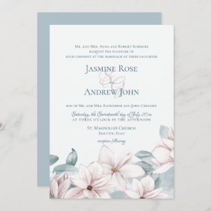 Dusty Blue Magnolias Elegant Spring Wedding Invitation