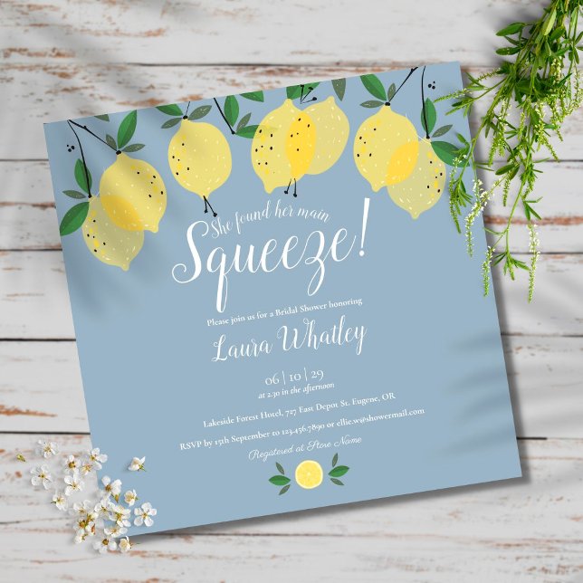 Dusty Blue Main Squeeze Lemons Bridal Shower Invitation (Creator Uploaded)