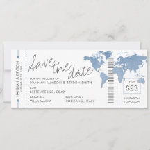Dusty Blue Map Boarding Pass Ticket Save the Date