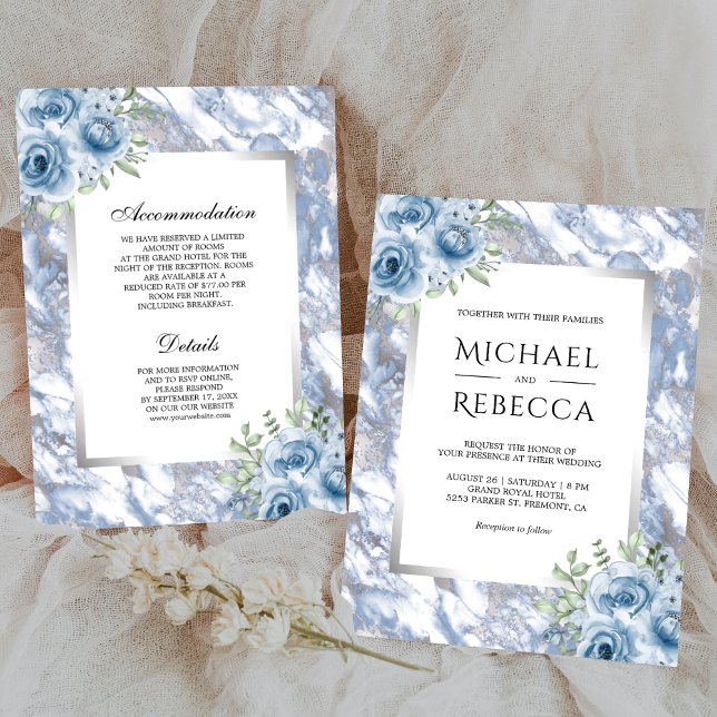 Dusty Blue Marble Floral Silver All in One Wedding Invitation (Creator Uploaded)