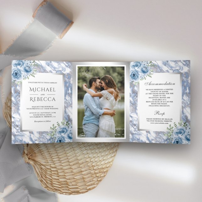 Dusty Blue Marble Floral Silver Foil Photo Wedding Tri-Fold Invitation (Creator Uploaded)