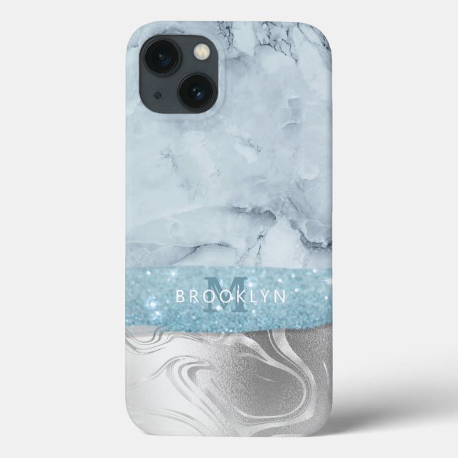 Dusty Blue Marble Glitter Silver Name Monogrammed Case-Mate iPhone Case (Back)