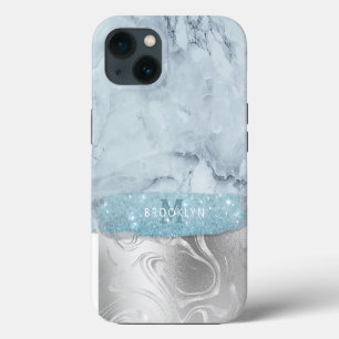 Dusty Blue Marble Glitter Silver Name Monogrammed iPhone 13 Case