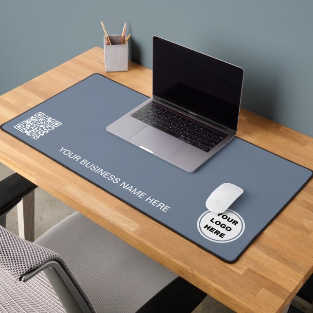 Dusty Blue Marketing Company Logo & QR Code Desk Mat (Creator Uploaded)