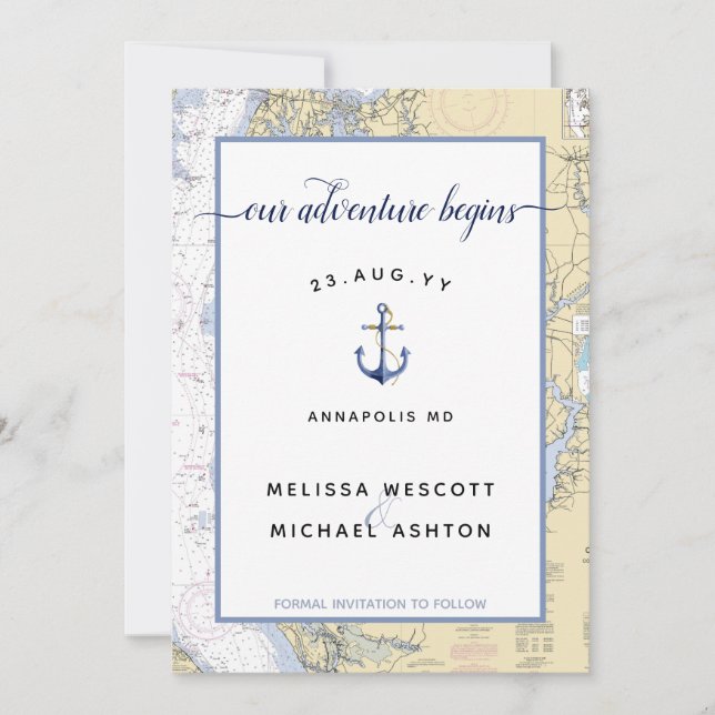 Dusty Blue Maryland Nautical Chart Anchor Wedding Save The Date (Front)
