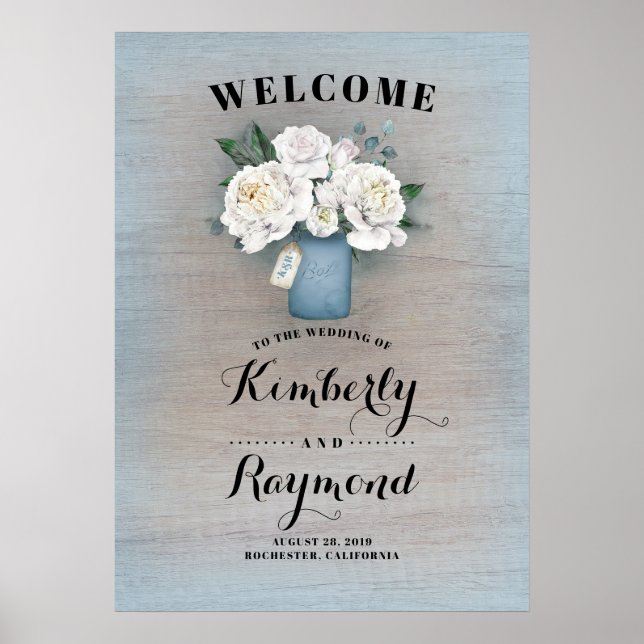 Dusty Blue Mason Jar Wedding Welcome Sign (Front)