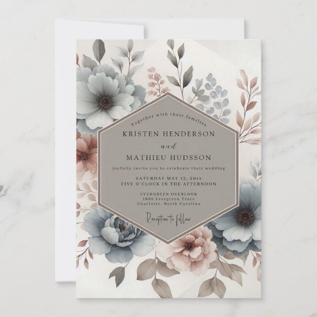 Dusty Blue Mauve Bloom Wedding Invitation (Front)