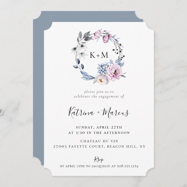 Dusty Blue Mauve Botanical Wreath Engagement Invitation (Front/Back)
