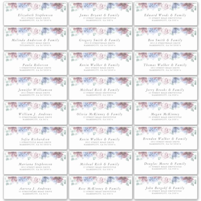 Dusty Blue Mauve Floral Individual Address Labels (Front)