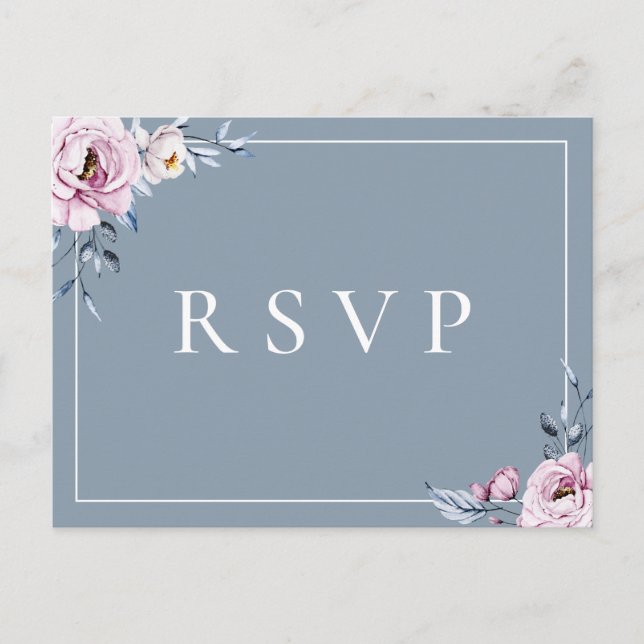 Dusty Blue Mauve Floral RSVP Song Choice Invitation Postcard (Front)