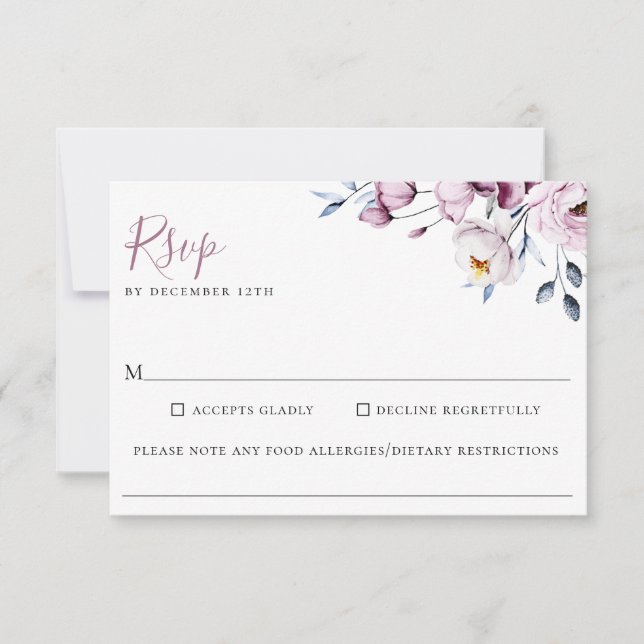 Dusty Blue Mauve Floral Wedding Food Allergy RSVP Card (Front)